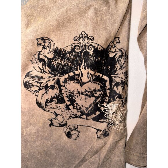 Franky Max XL Taupe Long Sleeve Distressed Cross all over Graphic Tee affliction - Picture 9 of 10